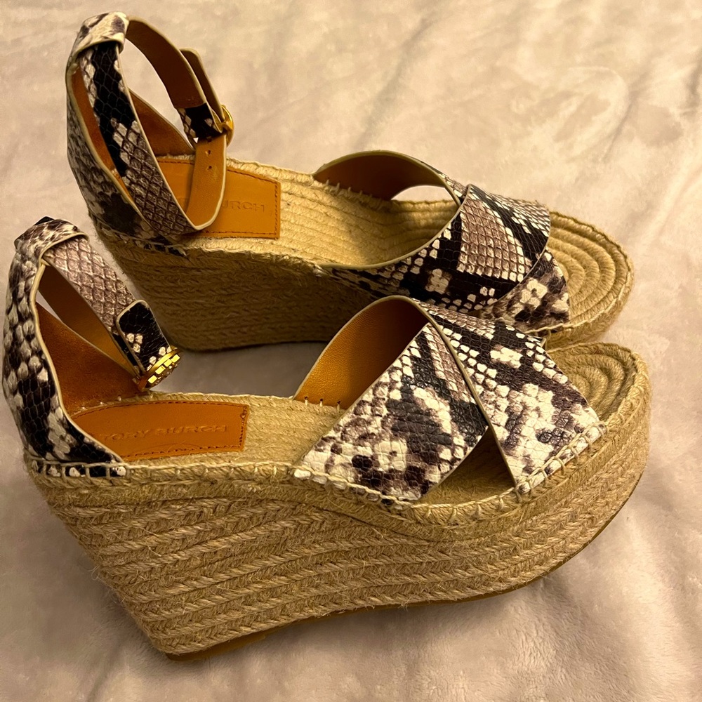Authentic Tory, Burch, snakeskin wedges. Ladies size 8. Only worn once!